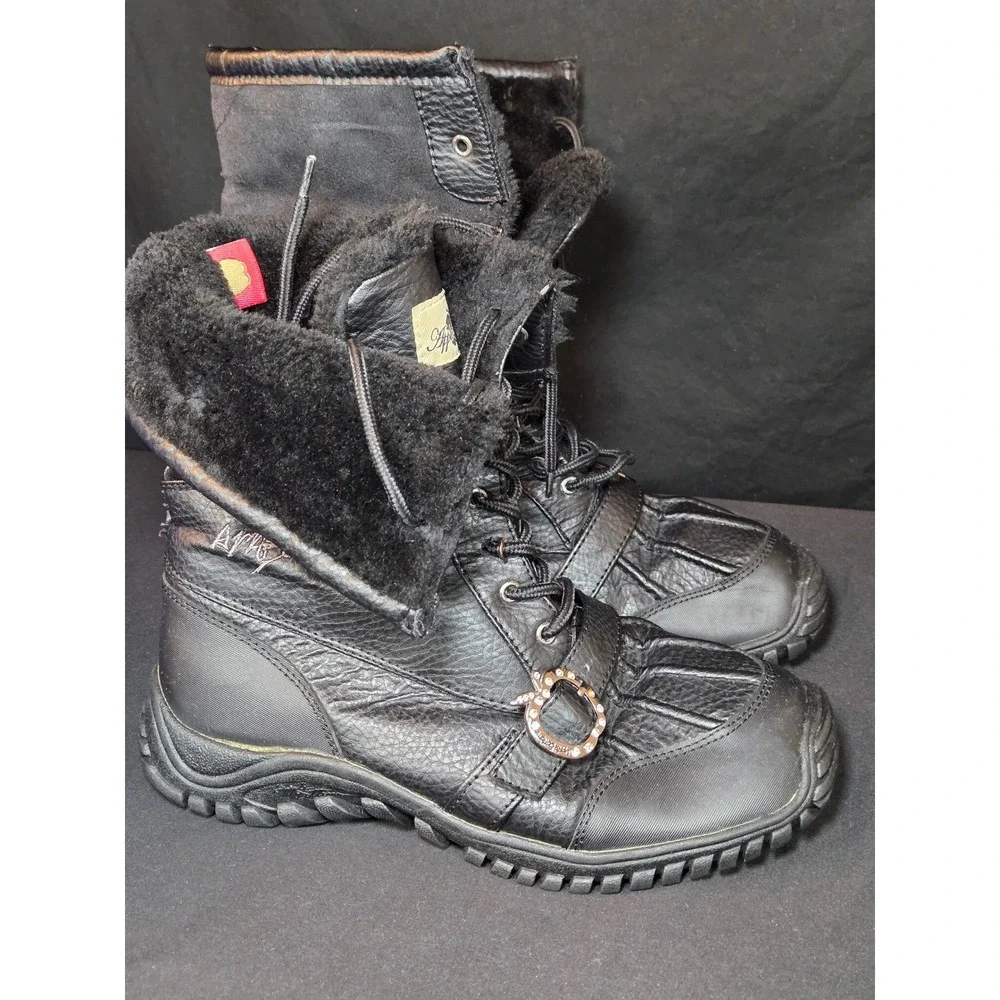 Apple Bottoms Womens Black Leather Faux Fur Lined Winter Boot Rhinestone Size 11